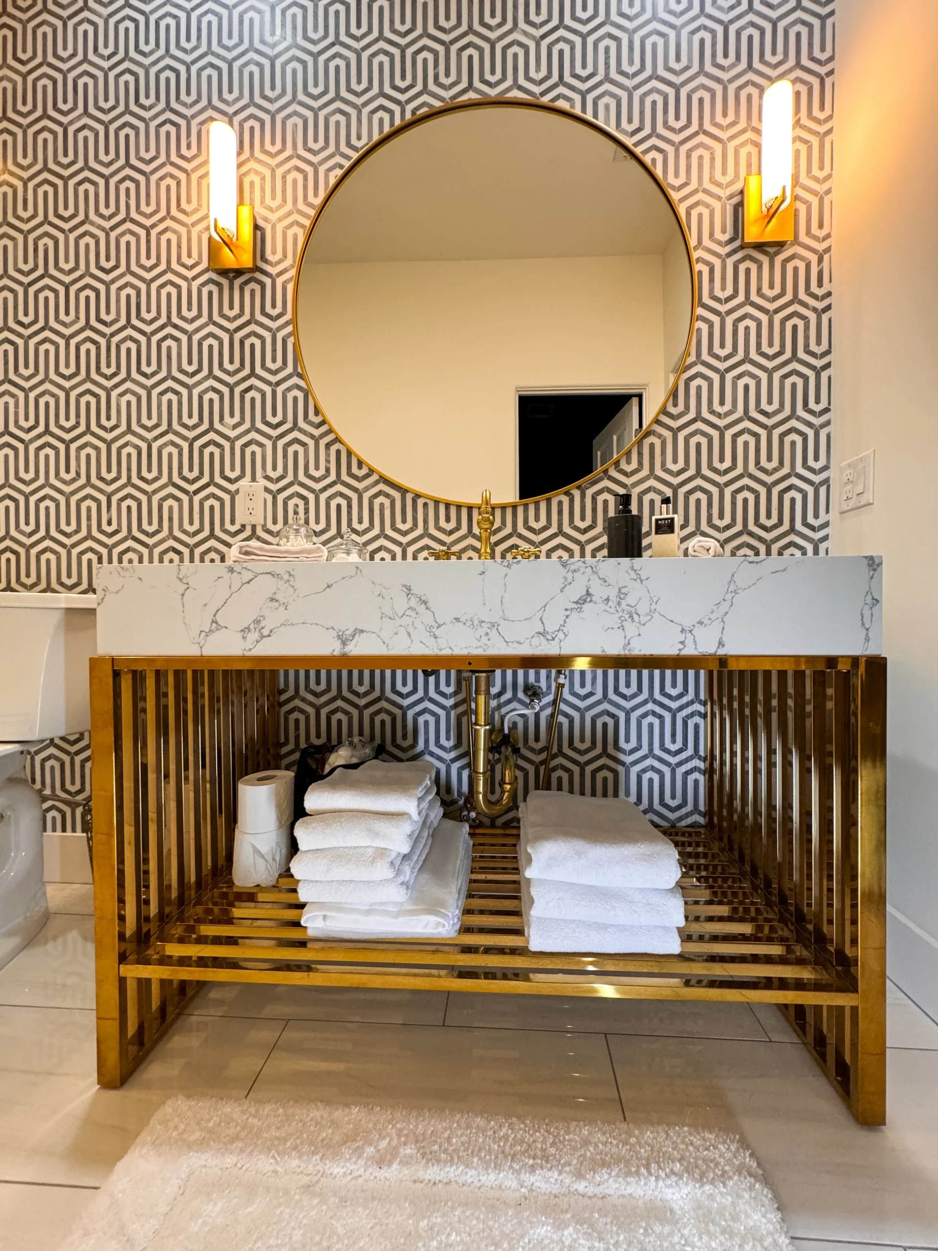 Pattern vanity bathroom remodel